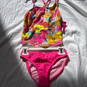 SO Girls' Floral Tankini Set - Hot Pink, Yellow & Teal